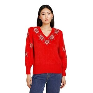 Vintage 80s Angora Sweater Red Floral Embroidered‎ Beaded Shoulder Pads 319